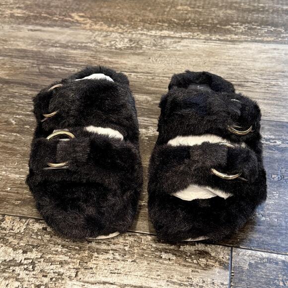 J/Slides NYC Shoes Womens Size 8 Black Faux Fur Bree Double Strap Slides NEW - Picture 2 of 11